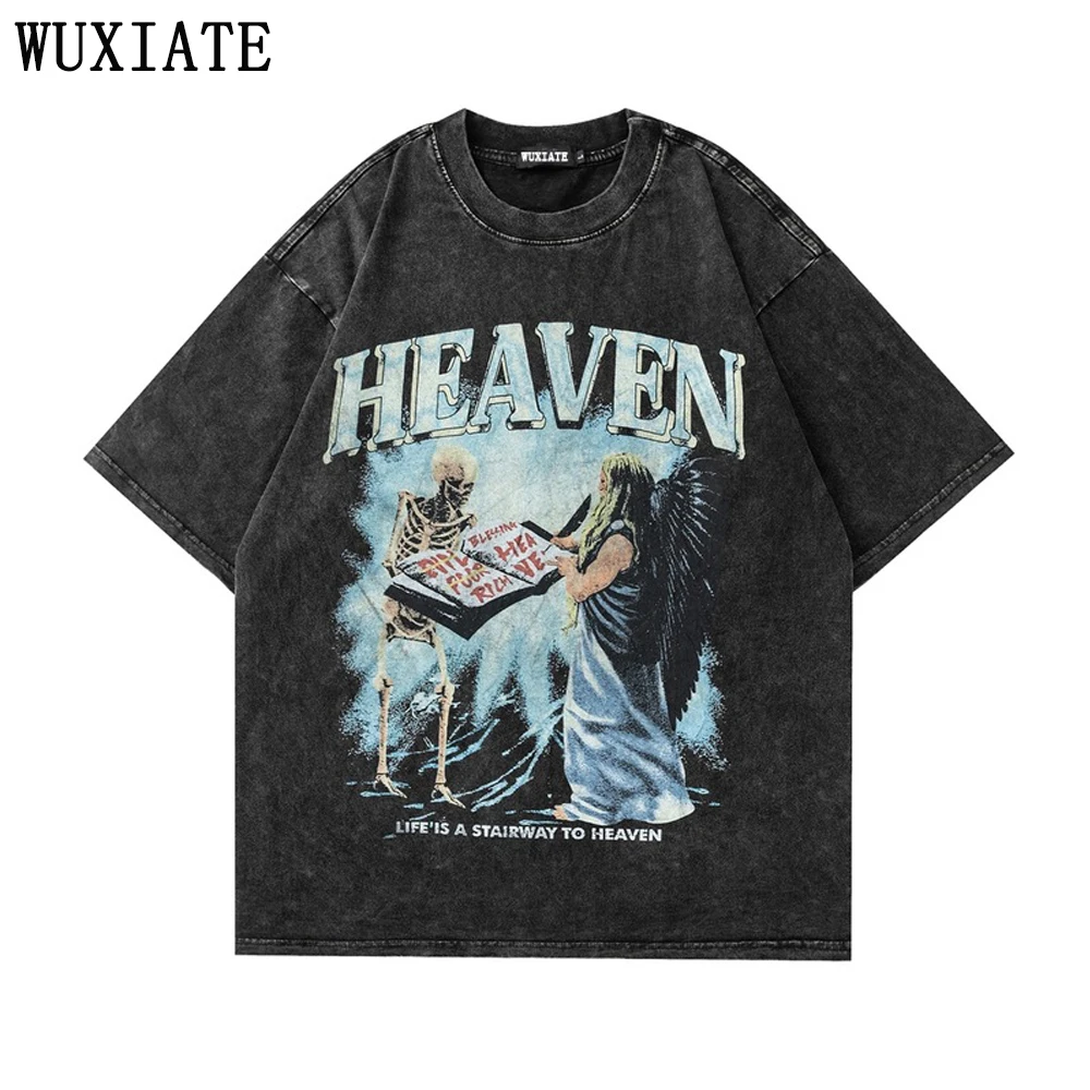 

WUXIATE T Shirt Streetwear Hip Hop Skull Skeleton Angel Graphic Print Punk Gothic Washed Tshirt Harajuku Fashion Casual Tee Tops