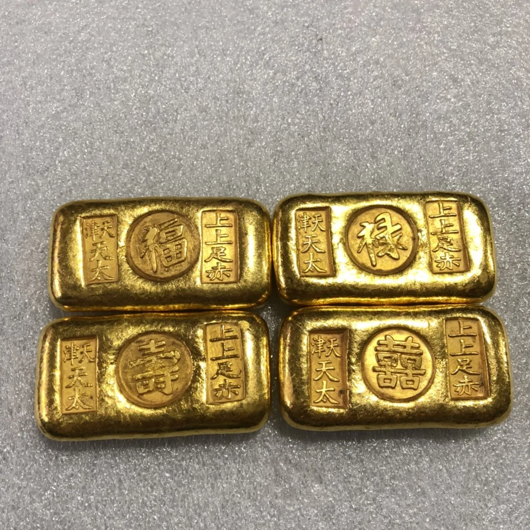 

Copper Gilt Fu Lu Shou Jubilee Gold Bar Home Craft Decoration Supplies Size 6x3Cm