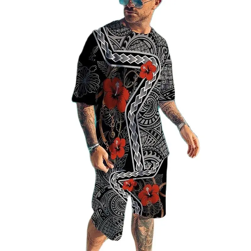 

Creative Flowers 3D Printing Unisex Short Sleeve Suit Fashion Abstract Graffiti Men's T-shirt Set Bigger Hip Hop Male Sportswear