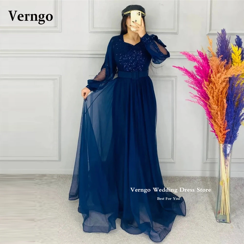 

Блестящие темно-синие арабские женские вечерние платья Verngo, тюлевые официальные красные платья с блестками, квадратным вырезом и длинными рукавами-фонариками для выпускного вечера