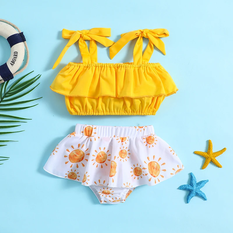 

Infant Baby Girls Two-Pieces Swimsuits Cute Bikini Sets Summer Tie-up Strap Crop Tops+Ruffle Tutu Shorts Swimwear Beachwear 0-3Y
