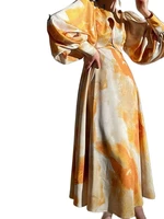 yuerwang women dress 2022 vintage round neck lantern sleeve hollow out high waist large hem long printed golden party dress