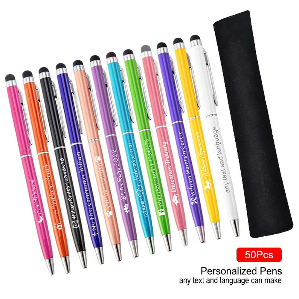 

50Pcs Personalized Engraved Metal Pens Customize Company Conference Logo Baby Shower Baptism School Touch Screen