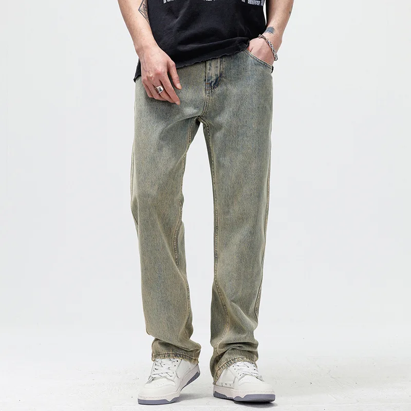 American High Street Fashion Men Jeans Cement Yellow Retro Wash Loose Fit Straight Jeans Men Casual Denim Wide Leg Pants Hombre