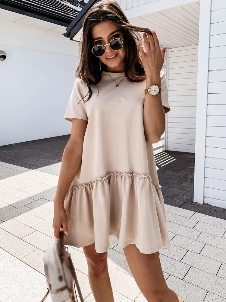 

Loose Woman Casual Beach Dress O-neck Short Sleeve Midi Dresses Ladies 2022 Robe Femme