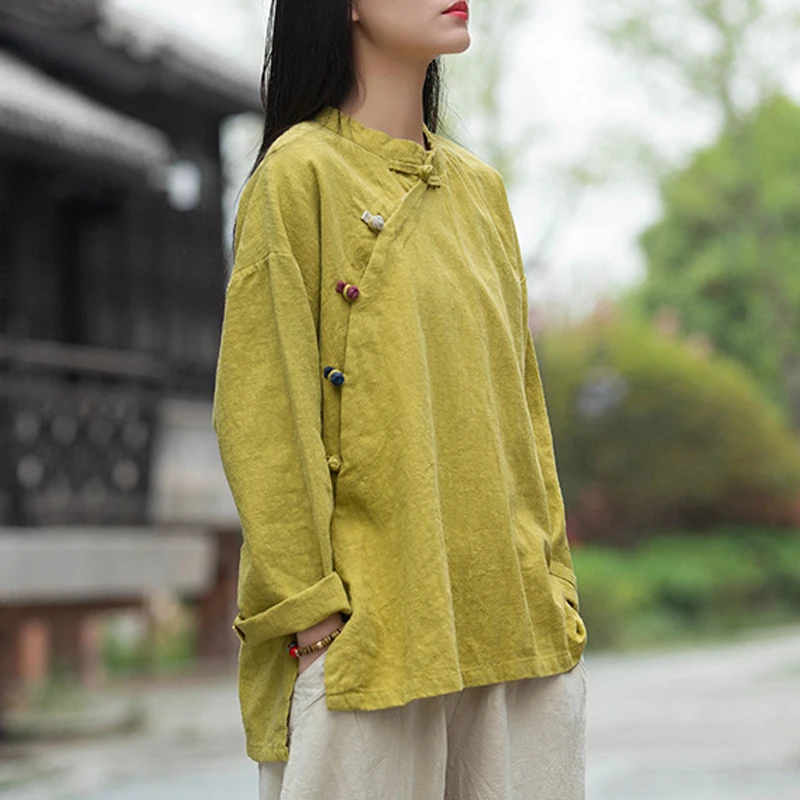 

Johnature Women Vintage Cotton Linen Shirts and Tops Stand Long Sleeve 2023 Spring New Chinese Style Button Loose Blouses Shirts