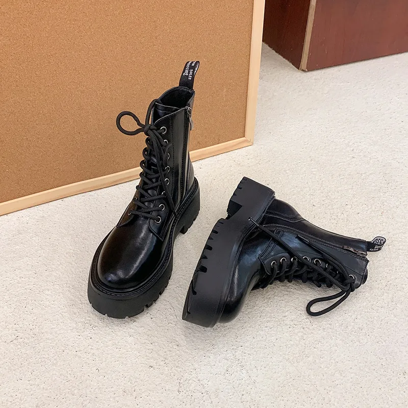 2022 New Autumn Winter Leather Women'S Boots Fashion Round Toe Zip Platform Shoes Ins Street Cross Tied Ankle Boots For Women