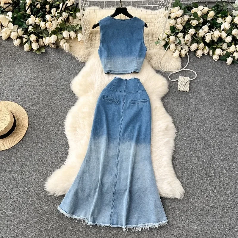 Женский винтажный Джинсовый комплект из двух предметов Элегантный жилет с