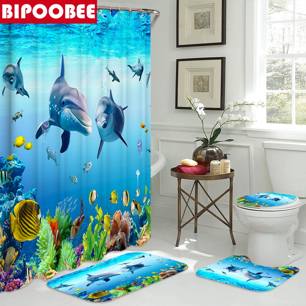

Ocean Dolphin 3D Shower Curtains Underwater World Scenery Bathroom Curtain Toilet Cover Lid Non-slip Carpet Bath Mat Home Decor