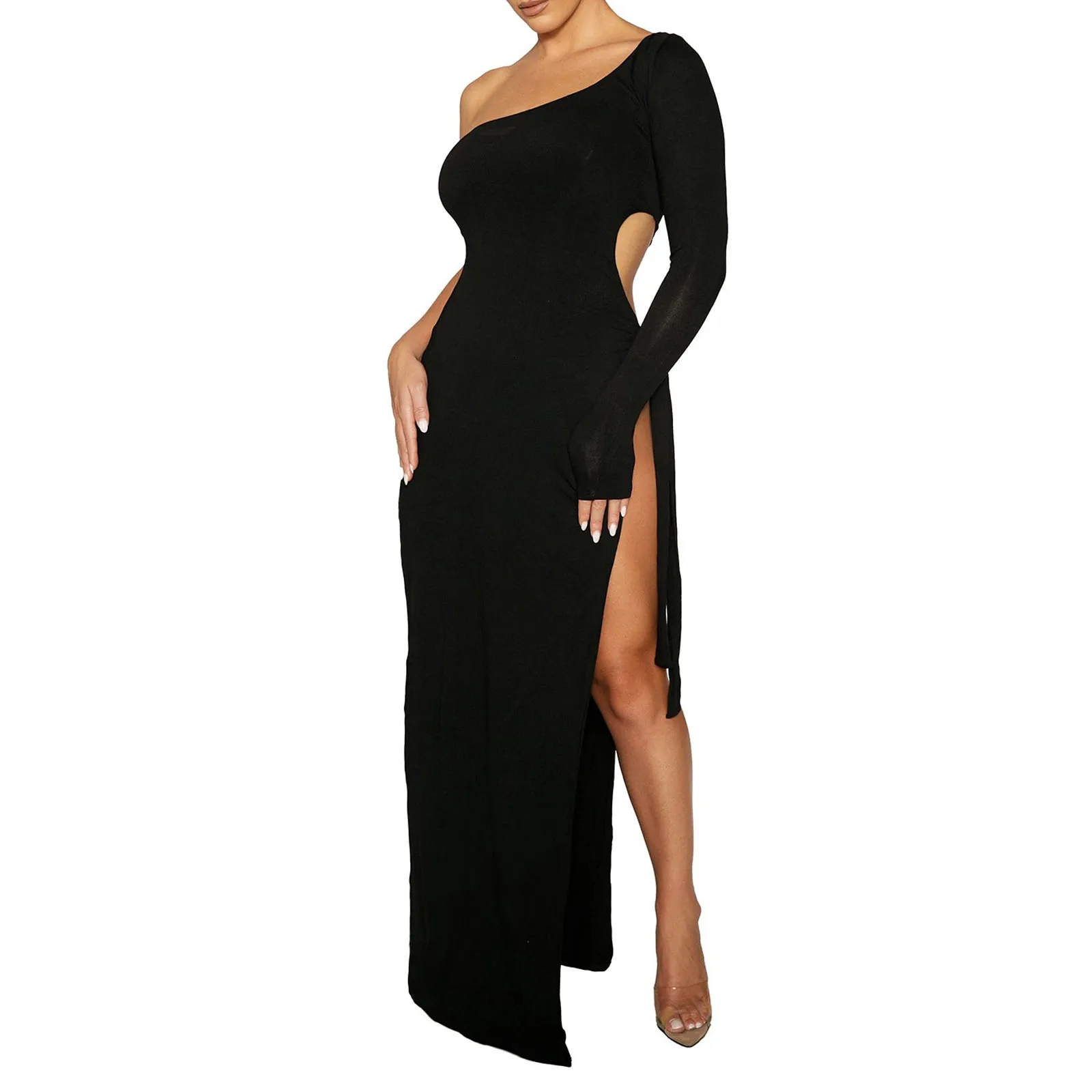 

Женское осеннее темпераментное длинное платье в стиле отдыха однотонная облегающая юбка на одно плечо с длинным рукавом и разрезом по бока...