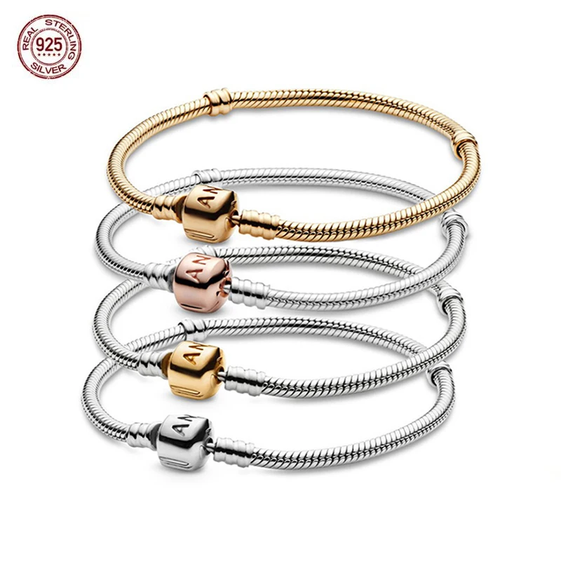 

Classic Fashion 925 Sterling Silver Square Snake Bone Letter Bracelet fit Original Pandora Charm Beads DIY Gifts for Women