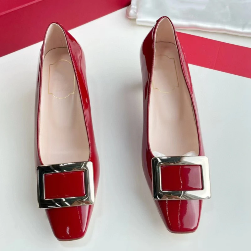 European and American Square Buckle French High Heels Women's 2023 Autumn Square Toe Mid-heel Pumps Women's Shoes