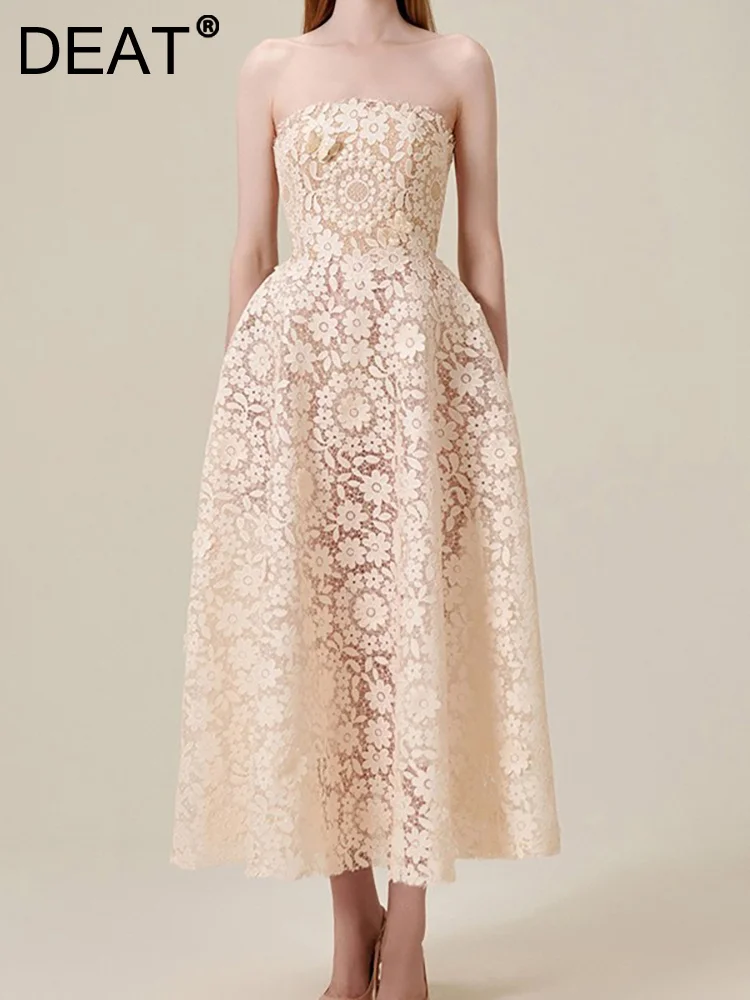 

DEAT Women's Dress Strapless Embroidery Hollow Out Flower Patchwork Contrast Color High Waist Fashion Dresses 2023 New 13DB1378