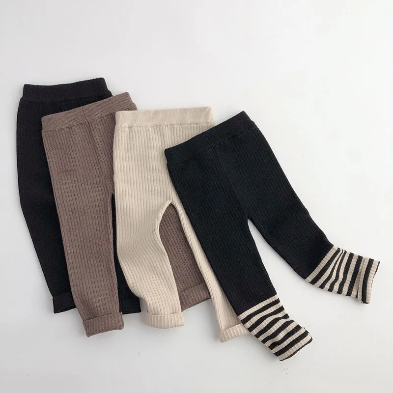 

Children Solid Warm Tights Pants Baby Girl Casual Striped Leggings Baby Boys Simple Homewear Trousers Kids Soft Render Pants