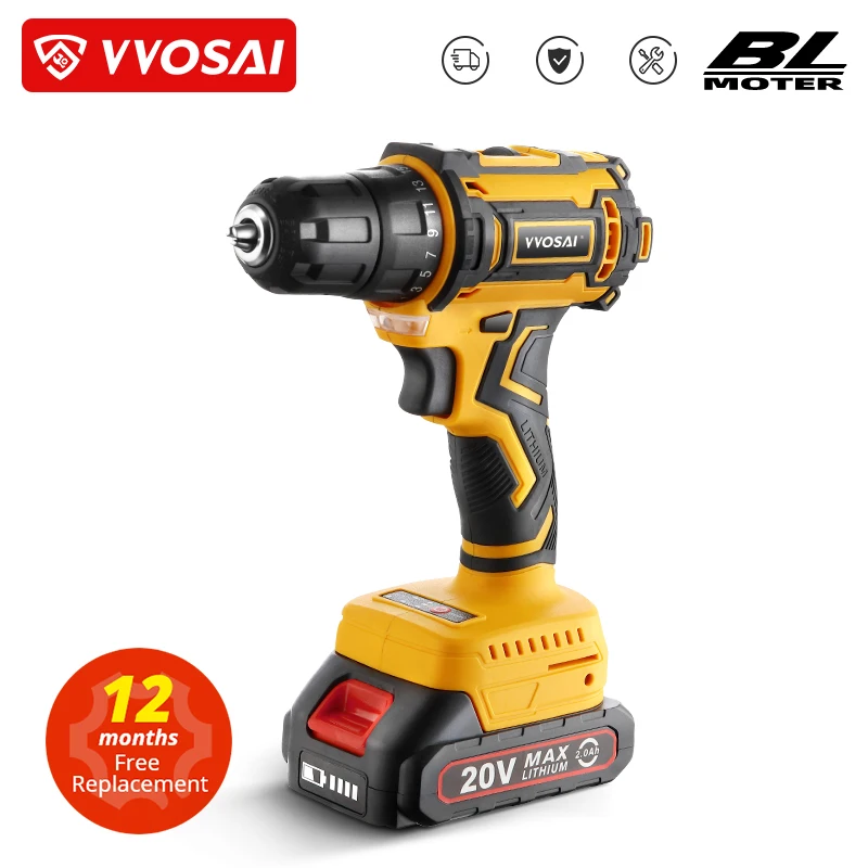 VVOSAI 20V Brushless Electric Drill 50NM Cordless Screwdriver Lithium-Ion Battery Mini Electric Power Screwdriver MT-Series Tool