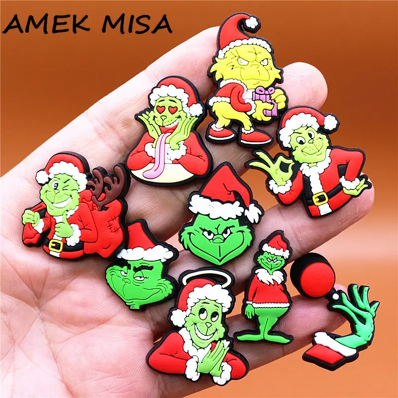 

Freeshipping 10pcs/set Shoes Charms Decoration Christmas Green Monster Designer Shoe Buckle Clogs Accessories Clips Croc Jibz