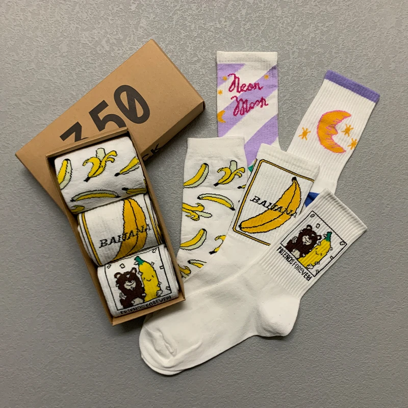 3 Pairs/Box Cute Banana Moon Stockings Cotton Harajuku White College Style Soft Cartoon Gifts Pack Funny Long Men Women Socks