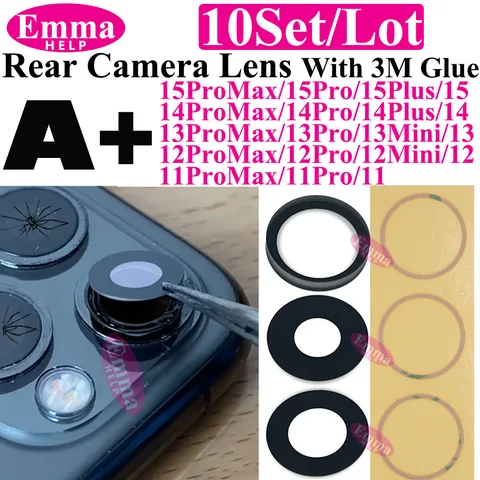 Emmahelp 10 шт. A+ Стекло задней камеры для iPhone 11 12 13 14 15 Pro Max 13Mini XR XS 14Plus Крышка задней камеры Объектив 3M Наклейка