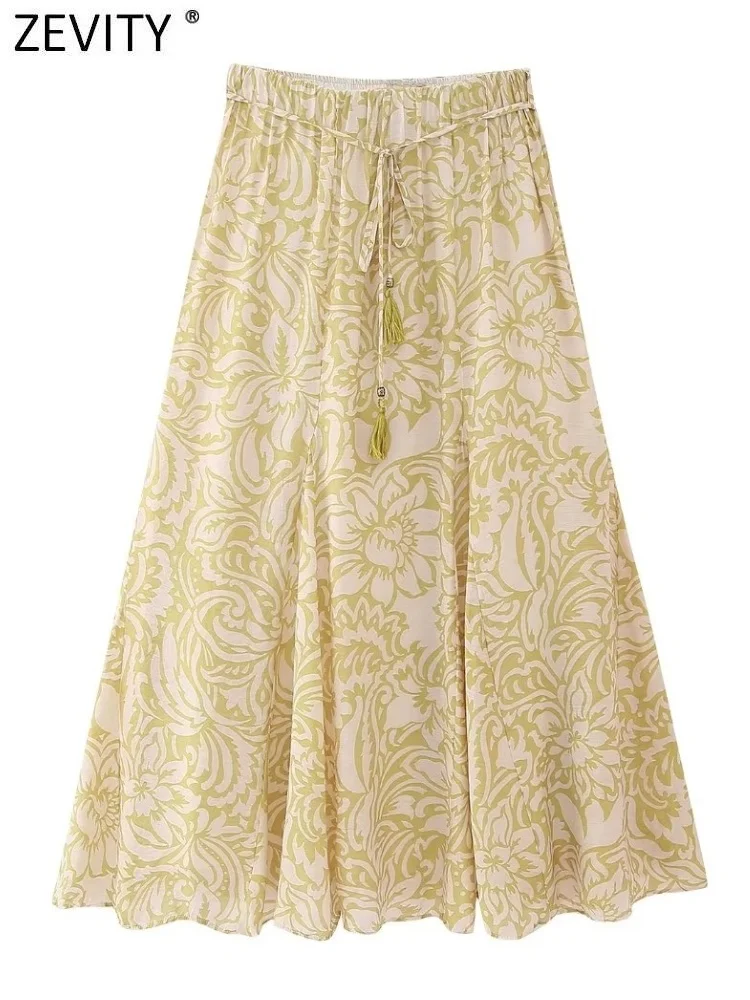 

Zevity Women Fashion Floral Print Big Swing Midi Skirt Faldas Mujer Female Chic Elastic Waist Lace Up Casual Vestidos QUN4242