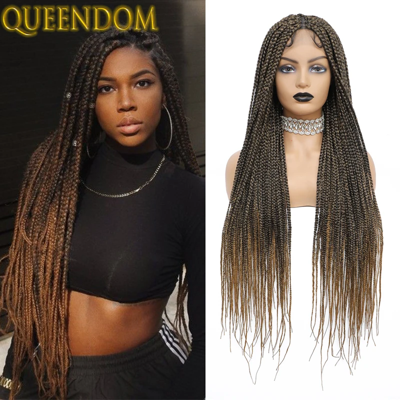 36 Inch Full Lace Box Braid Wig 360 Knotless Box Braids Lace Front Wigs for Afro Women Ombre Blond Synthetic Braided Frontal Wig