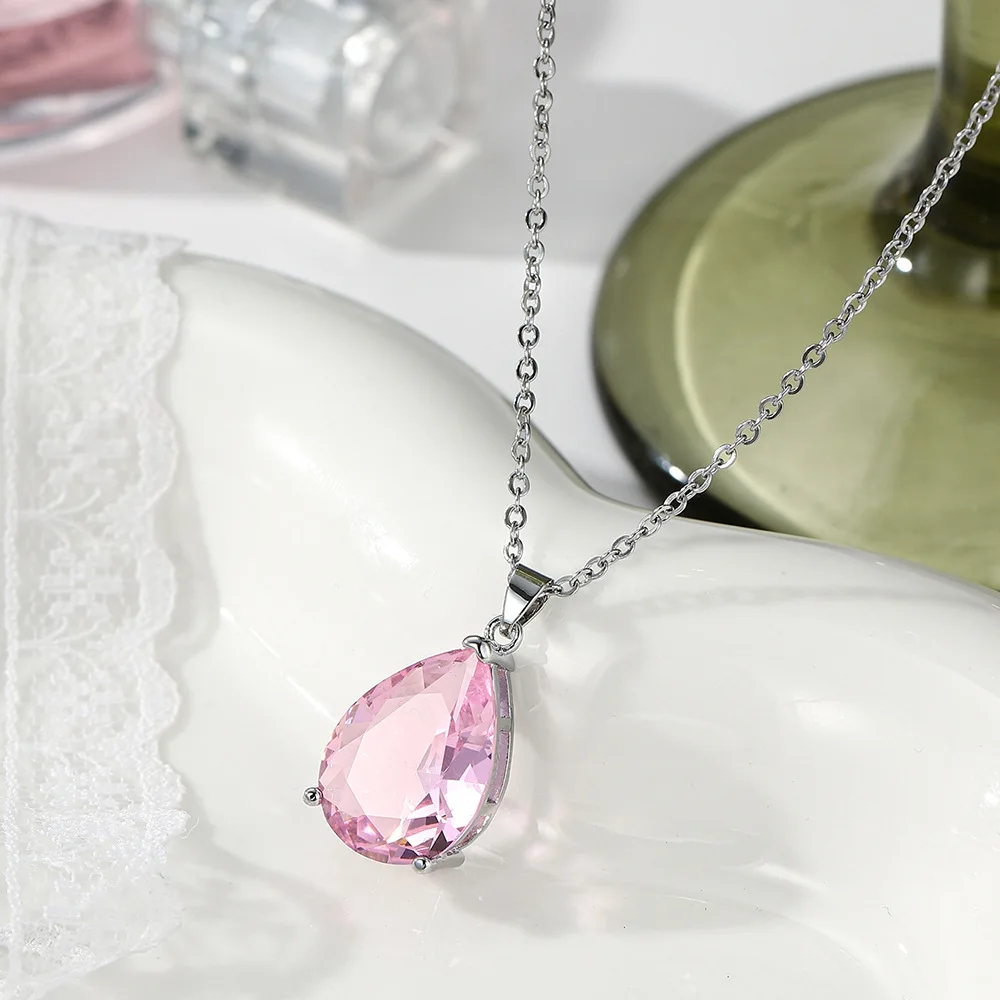 Luxury Simple Women's Necklace Charms Silver Colour Daily Wear Jewelry Pink Zircon Water Drop Pear Shaped Pendant Clavicle Chain