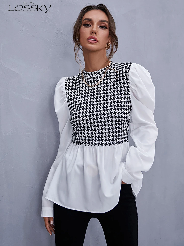 Women Elegant Houndstooth Shirt Fashion Ruffle Stitching Fluffy Long Sleeve Top Casual Chic Ladies Blouse Office White Shirts
