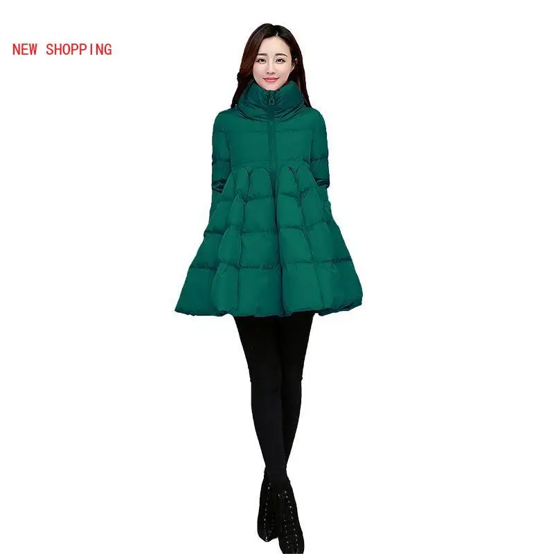 2022 New Winter Women Solid A-Line Coats Warm Thick Cotton Padded Jackets Female Stand Elastic Waist Mid-Long Cloak Parkas A248