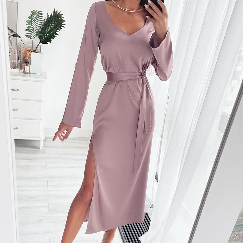 Элегантные атласные роскошные женские платья с V-образным вырезом и длинным