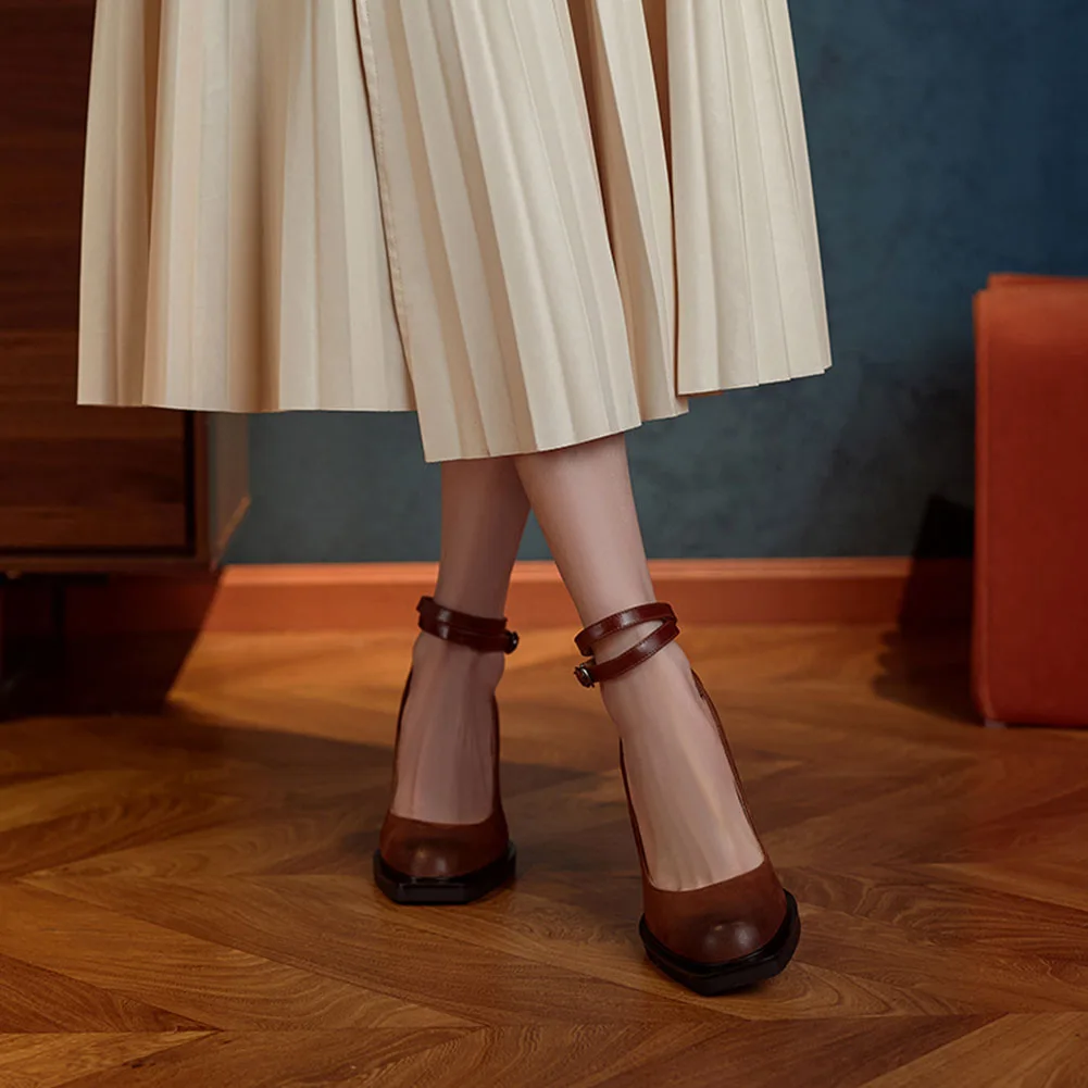 Krainluna Hot Sale Female Mary Janes Pumps Genuine Leather Square High Heels Women Shoes Concise 2022 New Arrival Shoes Woman OL