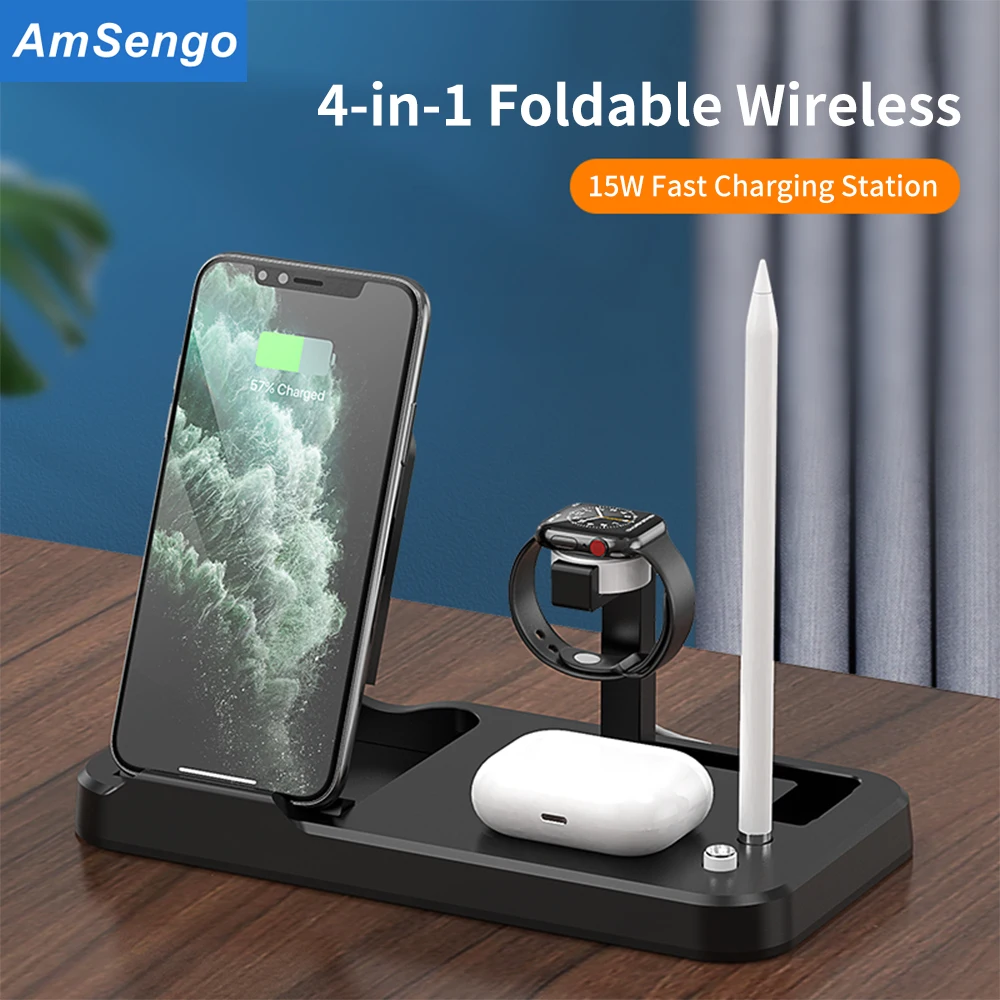 

4 в 1, складные беспроводные зарядные устройства для iPhone 13 12Pro Max, быстрая зарядка держателя 15 Вт для Apple Watch 7-2 Airpods Pro/3/2
