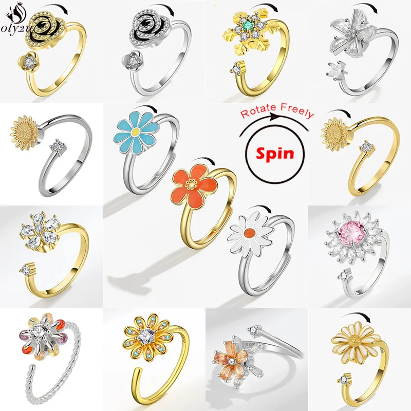 

Shiny Rotatable Enamel Flower Anxiety Ring Fidget Spinner Rings For Women Daisy Snowflake Anti Stress Finger Ring Accessories
