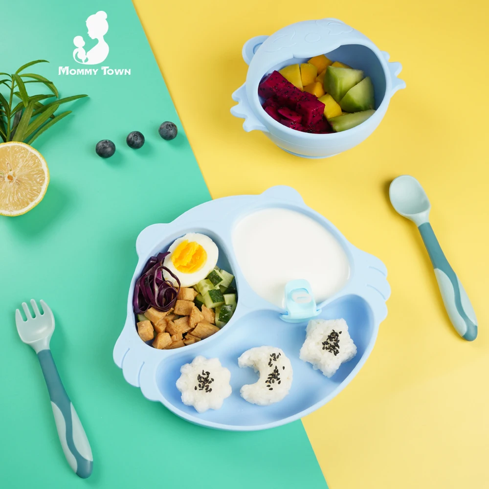 

Mommy Town Soft Silicone Baby Feeding Set Lovely Raccoon Cartoon Children Dishes Suction Non-slip Children's Dishes BPA Free