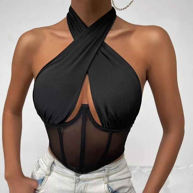 

wsevypo Sexy Cross Halter Corset Bustier Mesh Bone Tank Tops Women Tie Up Wrap Tube Tops Backless Slim Fit Cut Out Front Tops