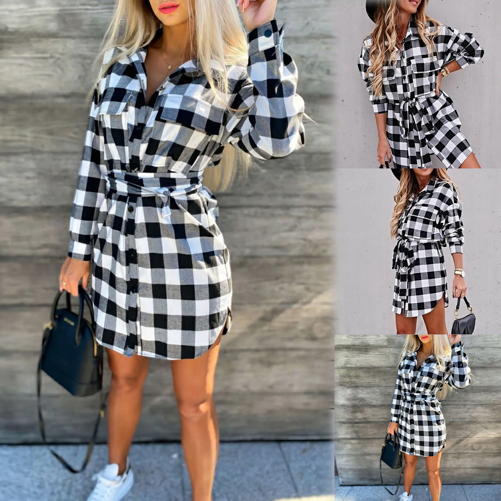 

Plaid Blouse Dress Women Long Sleeve Tartan Lady Fashion Shirt Dress 2021 Winter Autumn Plaid Check Shirt Dress