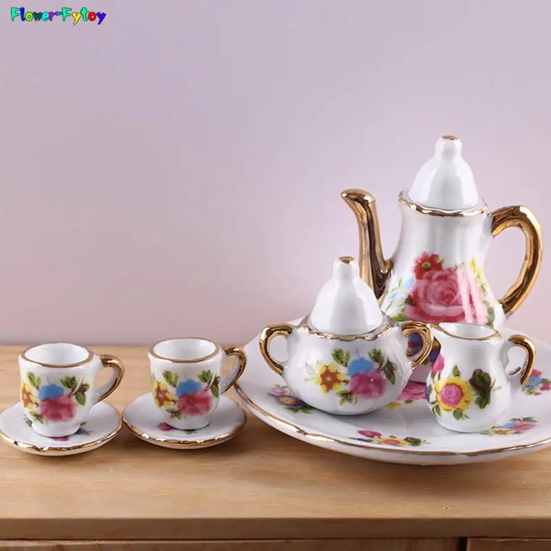 

1set 1/12 Dollhouse Miniature Accessories Mini Ceramics Tea Set Simulation Kettle Plate Cup Model Toys Doll House Decoration