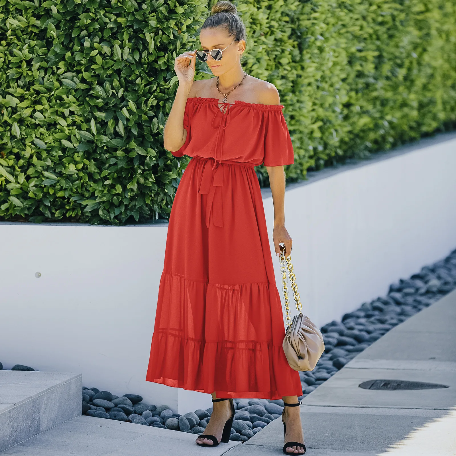 

KOENVE Summer Ruffled One-Shoulder Maxi Dress