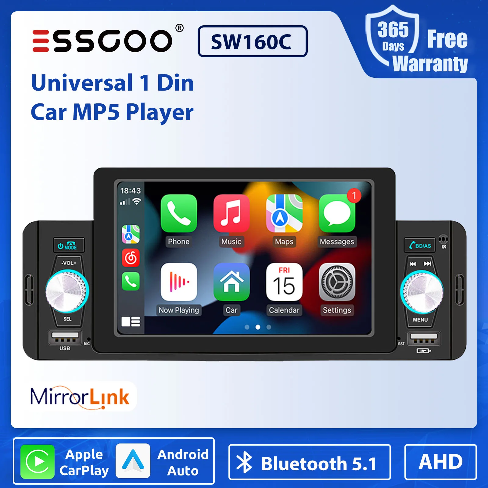 ESSGOO 5 Inch CarPlay Car Radio 1 Din Multimedia Player Android Auto Universal 1din Bluetooth Mirror Link FM Receiver Head Unit