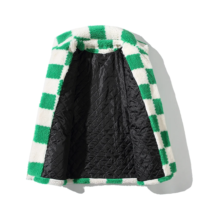 Checkerboard Grid Pattern Fleece Jackets for Men Winter Fashion Trends Padded Clothes Teenage Plus Size Streetwear Casual Coats