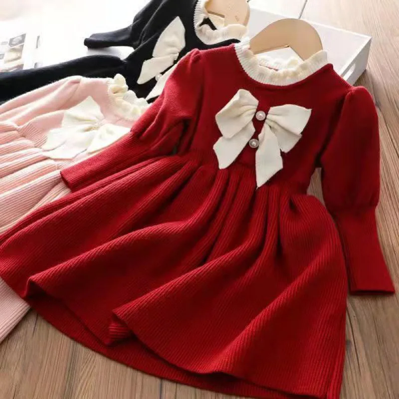 2-6T Baby Girl Dress Winter Knit Long Sleeve Sweater Thick Clothes New Year Christmas Costume Kids Bow Birthday Princess Dresses