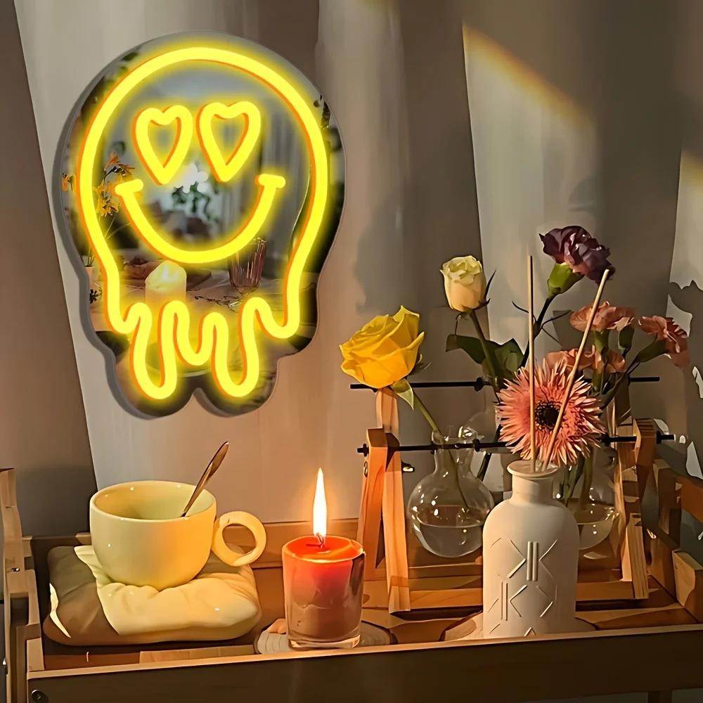 Неоновая Вывеска С Улыбающимся Лицом Зеркальная Отделка Настенный Декор