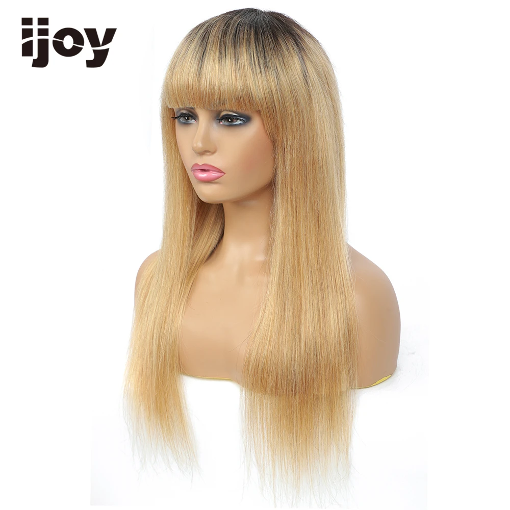 Human Hair Wig With Bangs Straight Hair Colored Ombre Honey Blonde Brazilian Hair Wig Full Machine Wigs For Women Non-Remy IJOY