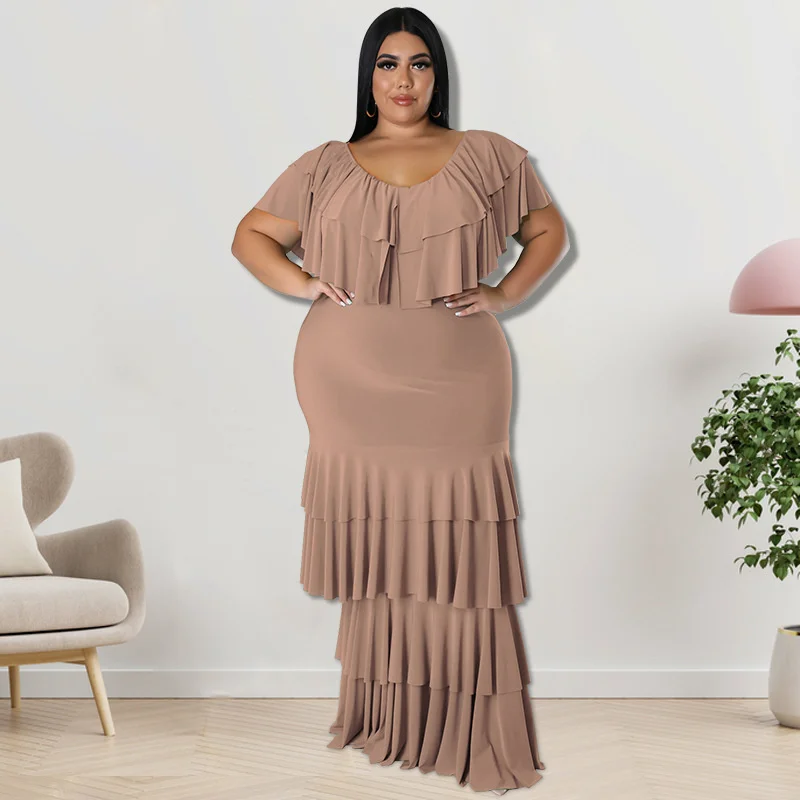 Plus Size Dresses Elegant Women's Round Neck Solid Color Multi Segment Splicing Large Pendulum Long Prom Dress