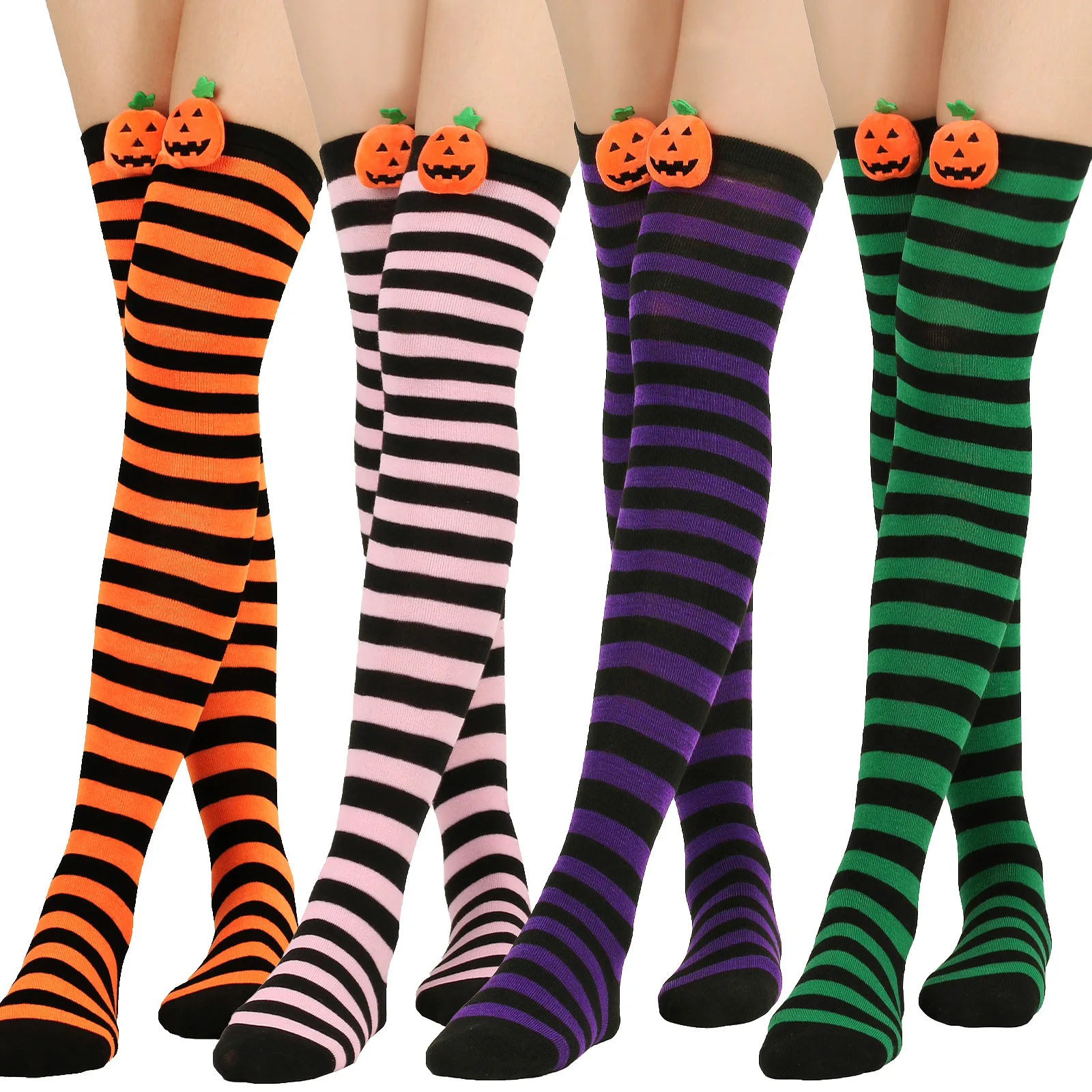 

Забавные Женские чулочно-носочные изделия выше колена на Хэллоуин в черно-белую полоску в виде тыквы