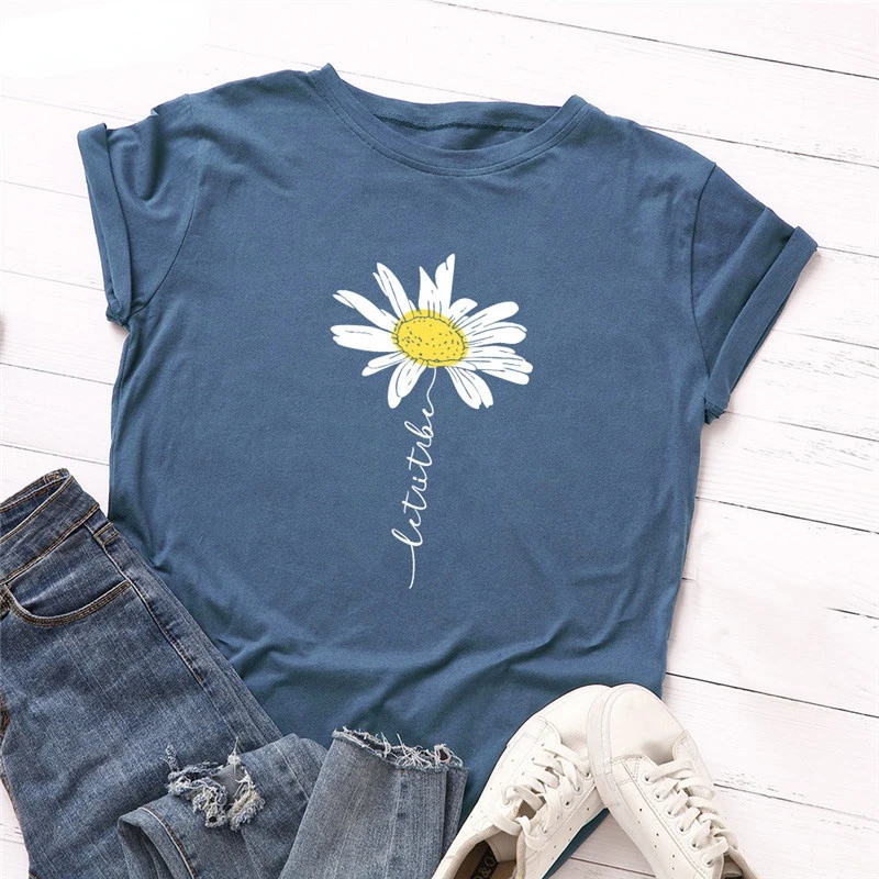 

Summer S-5XL T Shirt Women Cute Daisy Print T-Shirt 100%Cotton Women Tshirt O Neck Short Sleeve Tee Oversized Tops Woman Tshirts