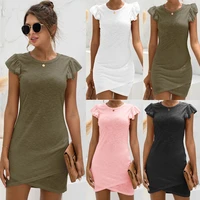 fashion womens ruffle sleeve mini dress casual o neck solid color cross dresses sexy ladies summer vacation beach dress