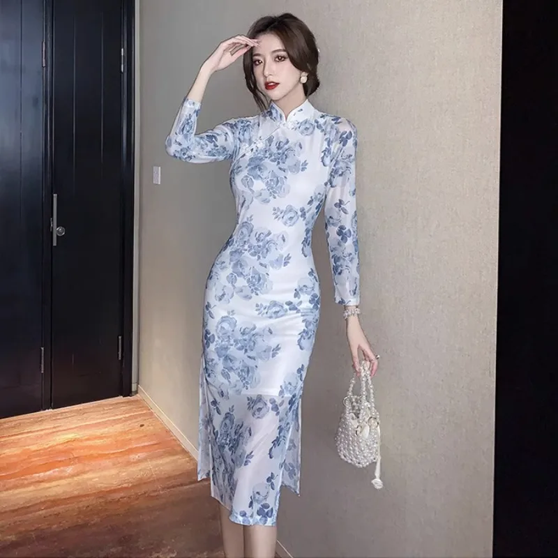 

Женское платье в китайском стиле, сетчатые платья до середины икры с цветочным принтом и Боковым Разрезом, облегающие сексуальные платья, женские платья, Прямая поставка