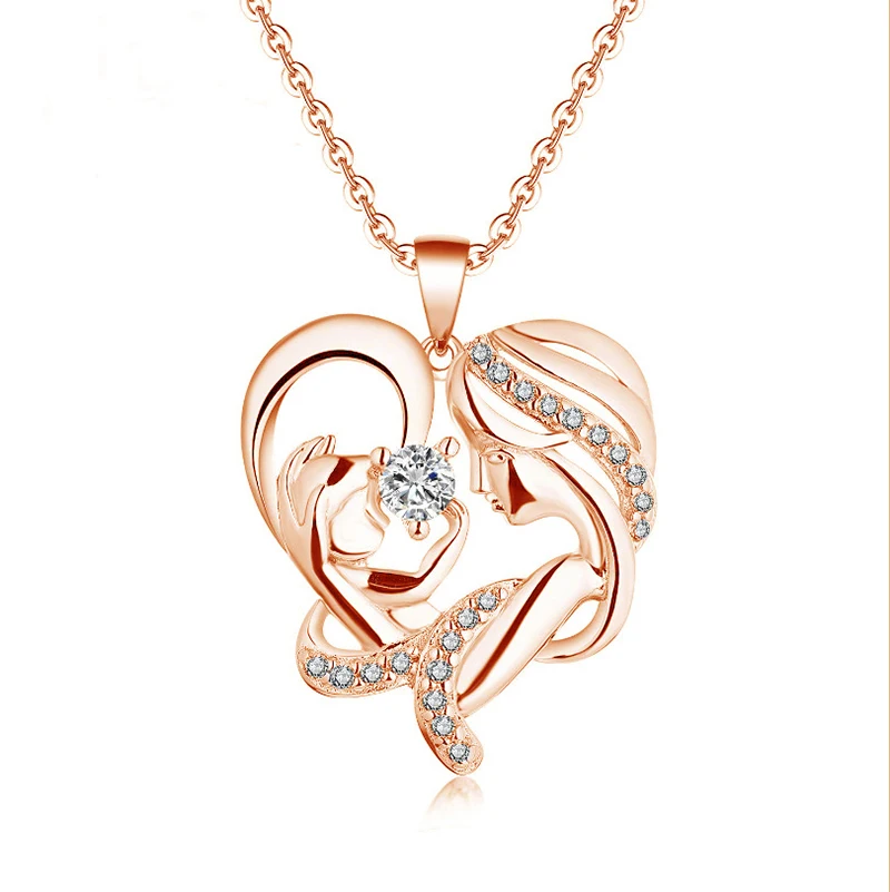 

Mom Baby Diamond Love Heart Necklace for Women Copper Zircon Micro Setting Pendant Mommy and Me Chain Jewelry Mother's Day Gift