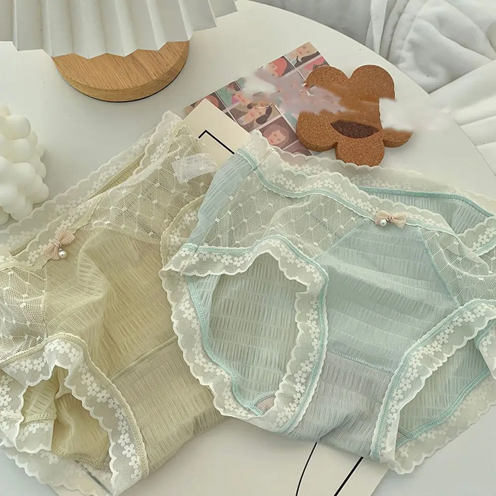 

Japanese Bow Comfortable Solid Color Breathable Lace Brief Girls Underwear Middle Waist Underwear Sexy Panties