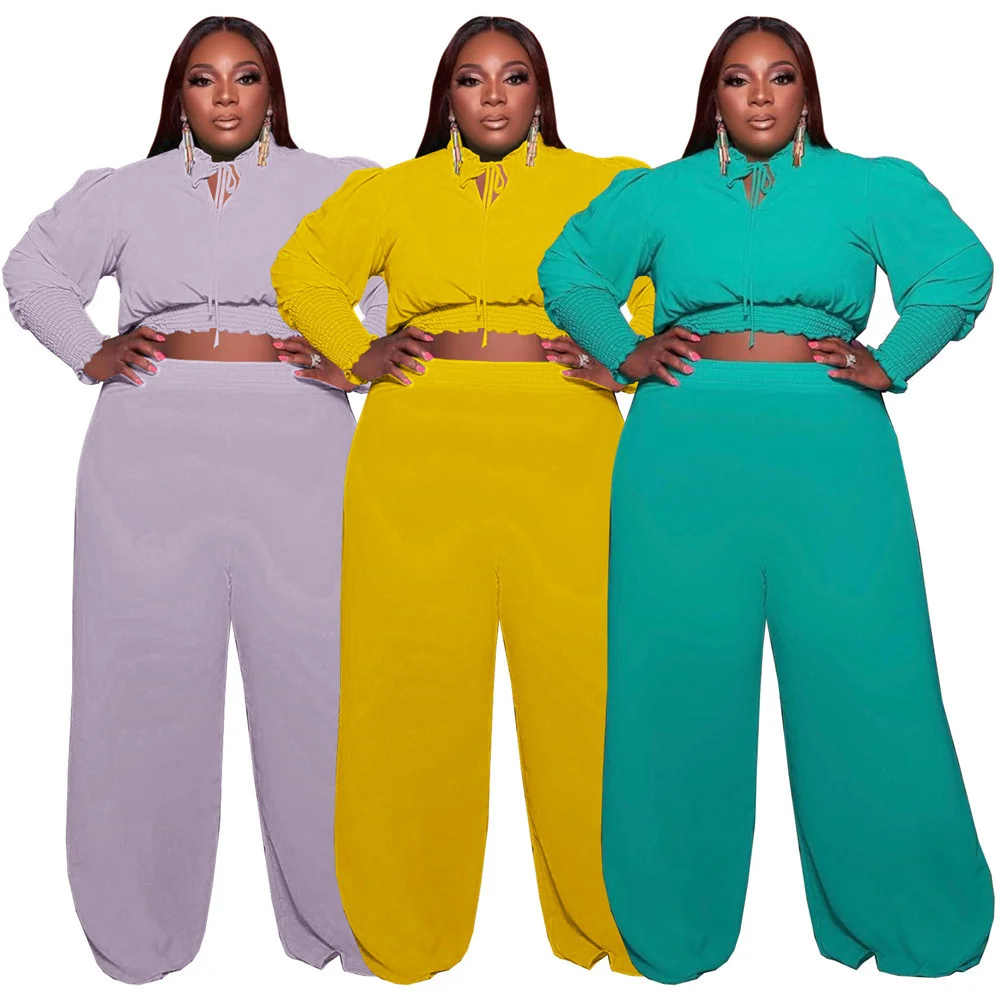 Plus Size Two Piece Set Women Fall Clothes Casual Crop Top Pants Sets Solid Bandage Long Sleeve Outfits Whole 3xl 4xl 5xl 6xl