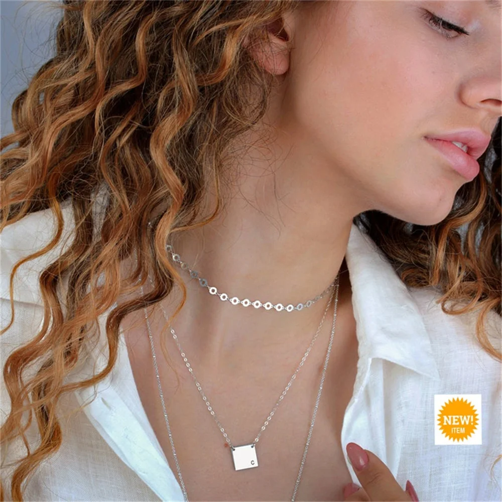 Women's Sterling Silver Name Necklace Square Plate Pendant Stainless Steel Personalized Necklace With Custom Engraved Gift